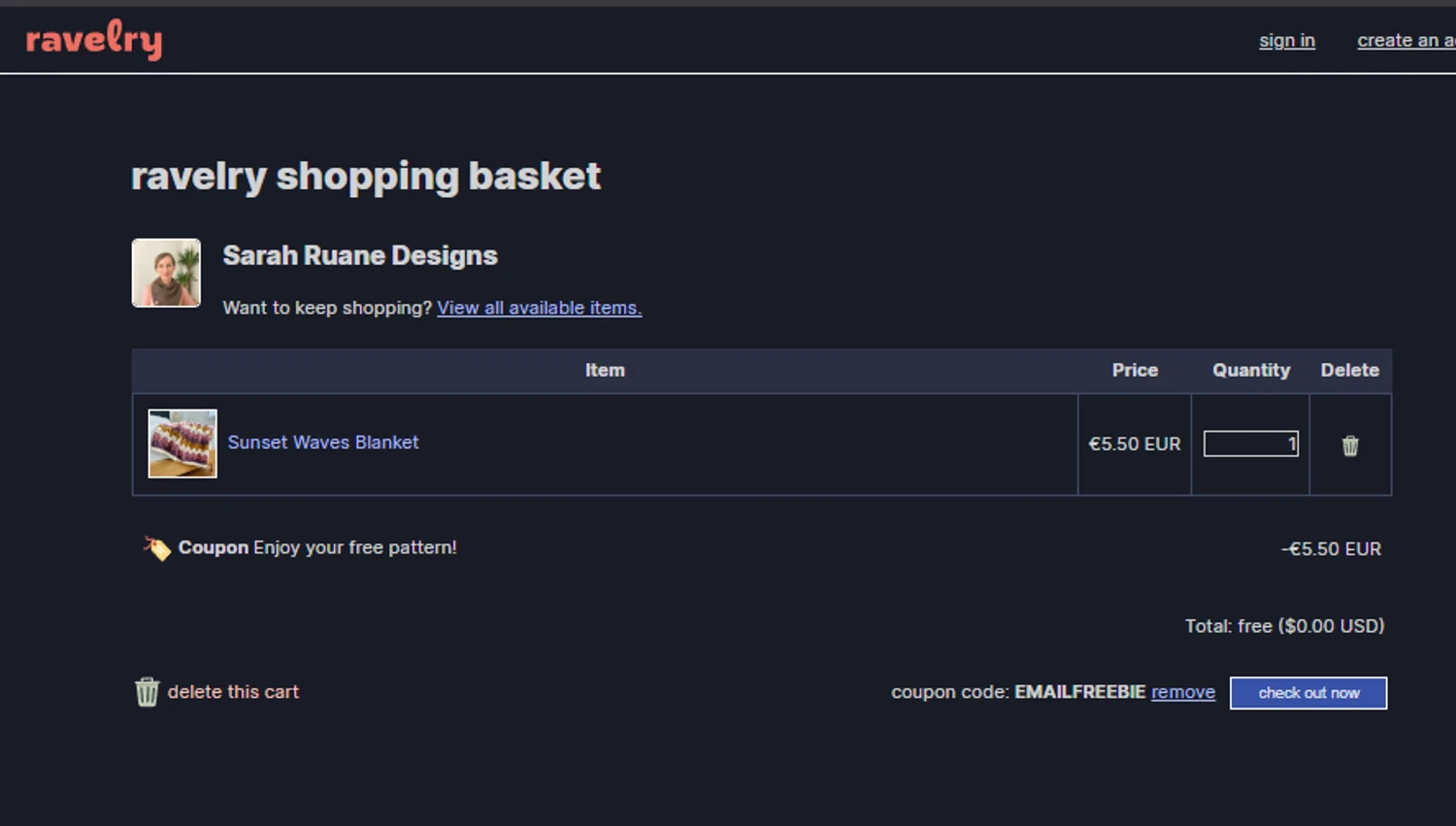 Ravelry coupon code screenshot showing code EMAILFREEBIE applied at Ravelry checkout page. Uploaded by SimplyCodes community member SpiderGwen on Nov 2, 2025