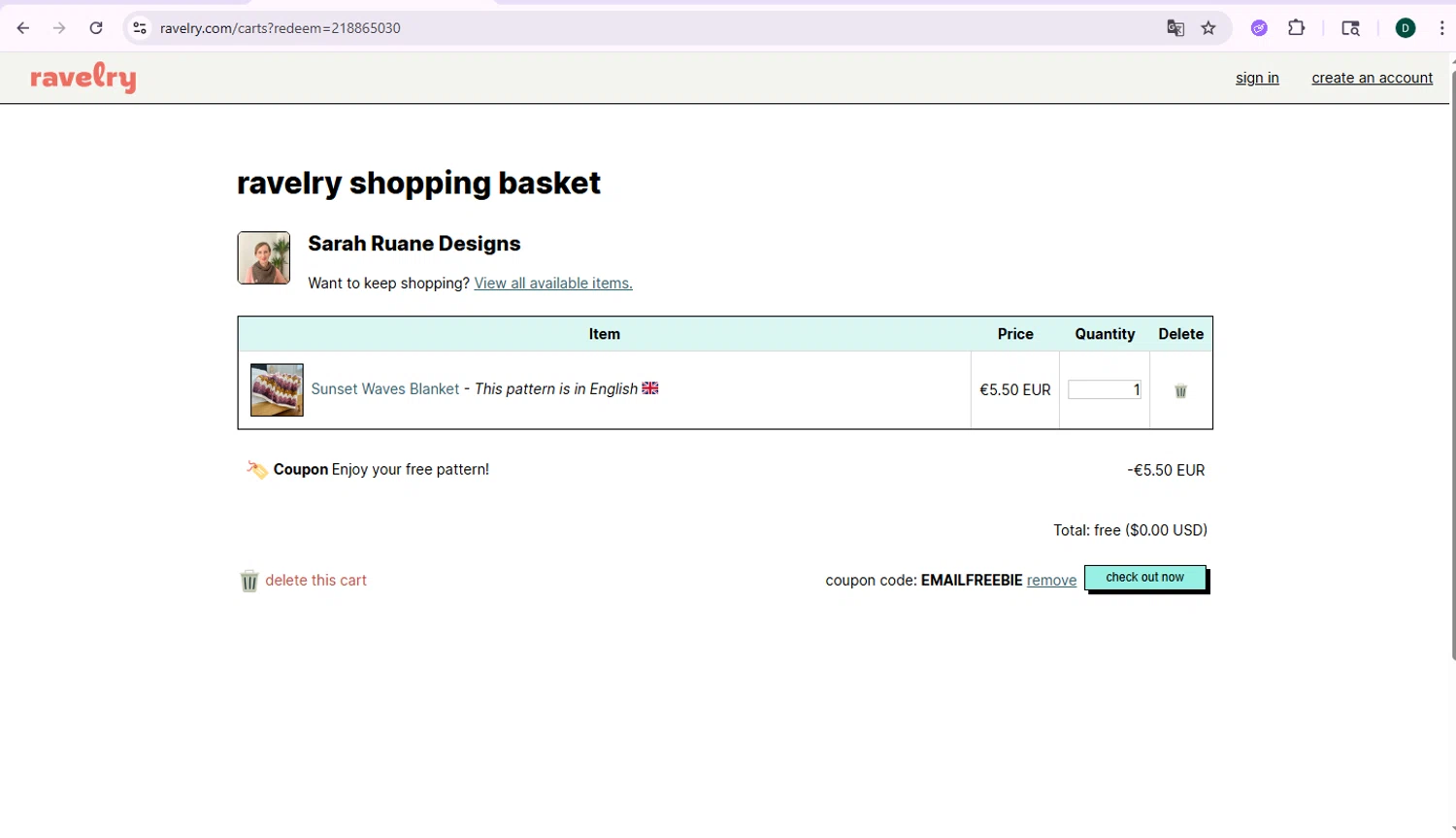 Ravelry coupon code screenshot showing code EMAILFREEBIE applied at Ravelry checkout page. Uploaded by SimplyCodes community member drevin007 on Oct 11, 2025