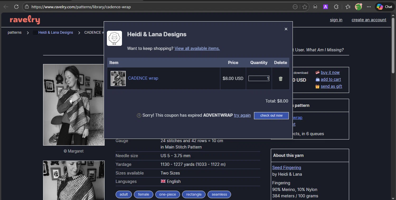 Ravelry promo code screenshot showing code ADVENTWRAP applied at Ravelry checkout page. Uploaded by SimplyCodes community member PrincessCoupon on Dec 18, 2025