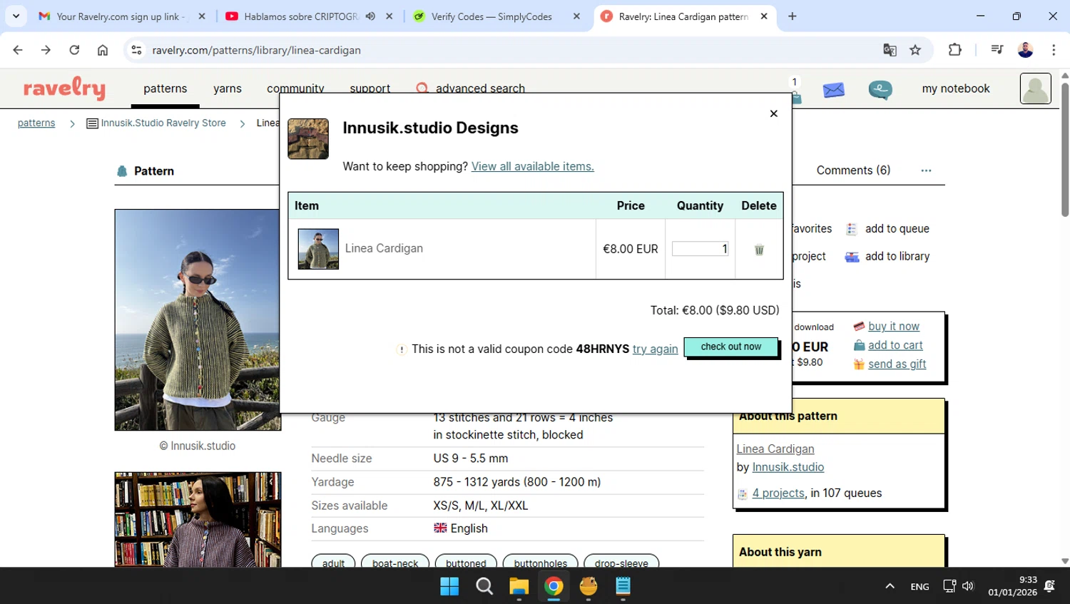 Ravelry promo code screenshot showing code 48HRNYS applied at Ravelry checkout page. Uploaded by SimplyCodes community member joseg151520 on Jan 1, 2026