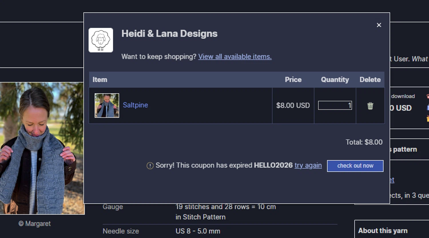 Ravelry promo code screenshot showing code HELLO2026 applied at Ravelry checkout page. Uploaded by SimplyCodes community member Handivlak on Jan 26, 2026