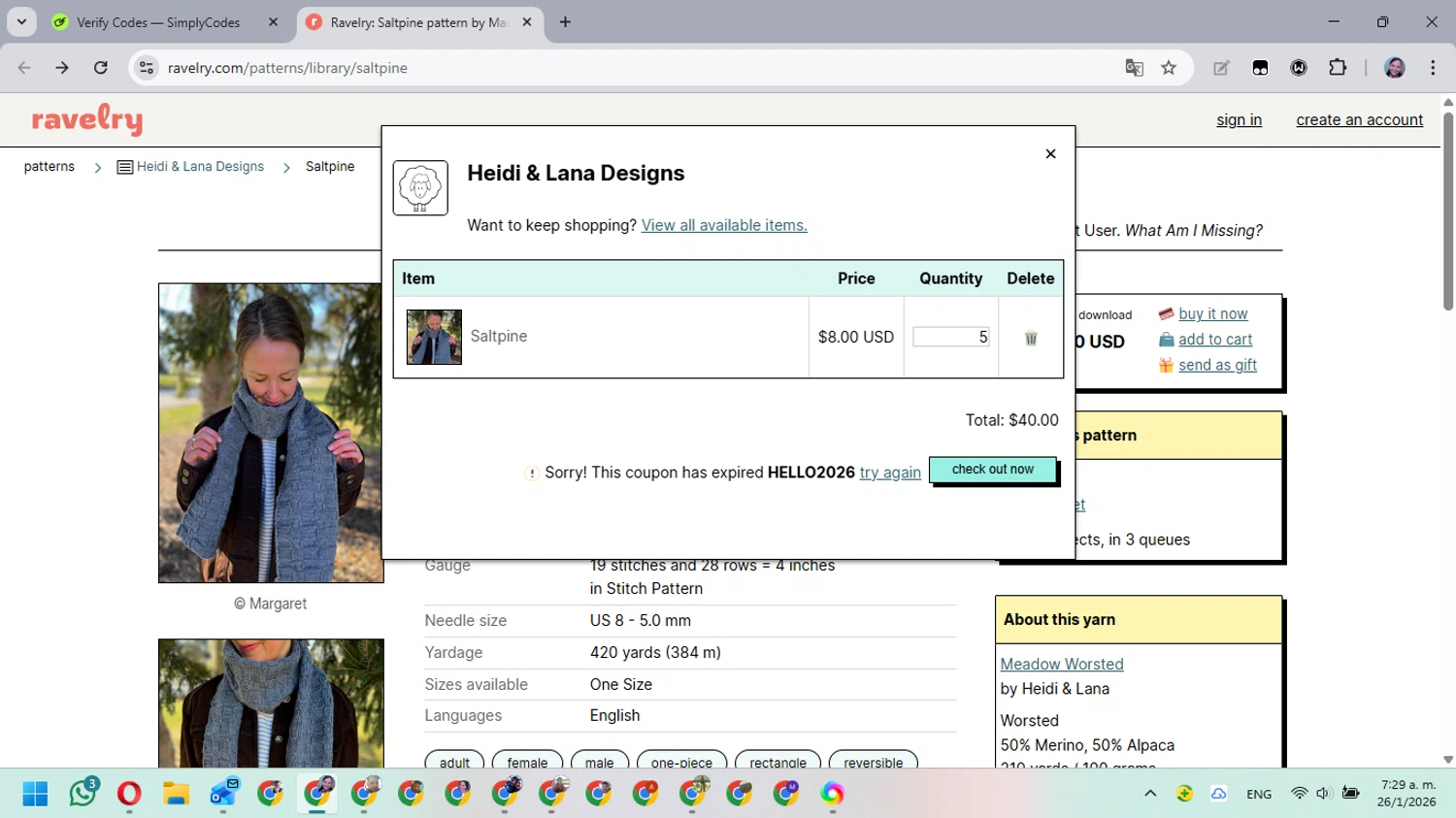 Ravelry promo code screenshot showing code HELLO2026 applied at Ravelry checkout page. Uploaded by SimplyCodes community member MarielisPb on Jan 26, 2026