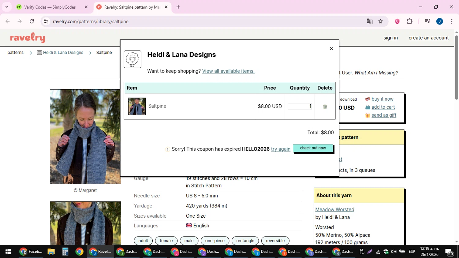 Ravelry promo code screenshot showing code HELLO2026 applied at Ravelry checkout page. Uploaded by SimplyCodes community member noesmith34ur on Jan 26, 2026