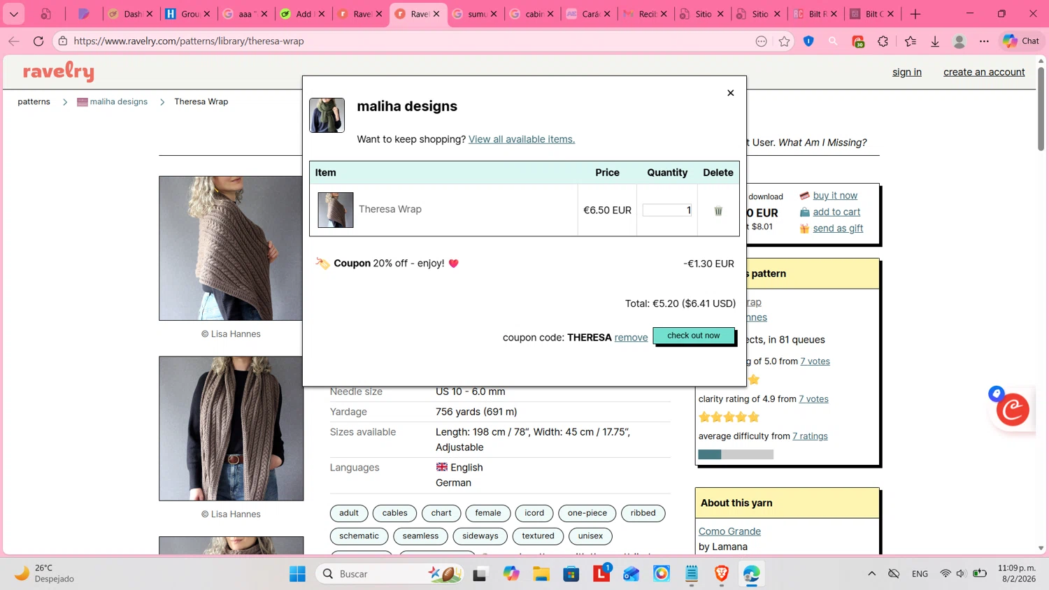 Ravelry coupon code screenshot showing code THERESA applied at Ravelry checkout page. Uploaded by SimplyCodes community member cosita on Feb 9, 2026