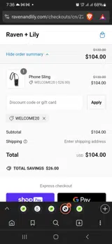 Welcome20 coupon verification screenshot