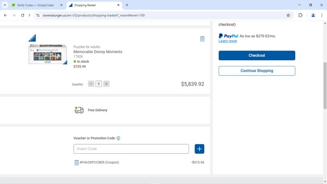 Ravensburger checkout page showing Ravensburger coupon code box | Screenshot taken by SimplyCodes community member on Jul 10, 2025