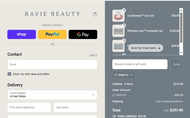 Ravie Beauty checkout page showing Ravie Beauty discount code box | Screenshot taken by SimplyCodes community member on Sep 3, 2025