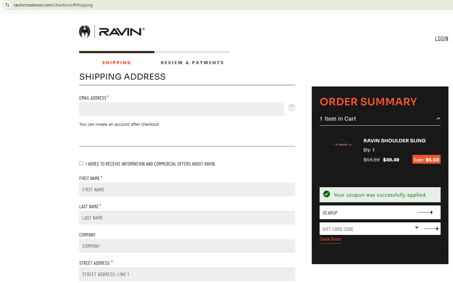 Ravin Crossbows promo code screenshot showing code GEARUP applied at Ravin Crossbows checkout page. Uploaded by SimplyCodes community member 415464564565 on Jun 18, 2026