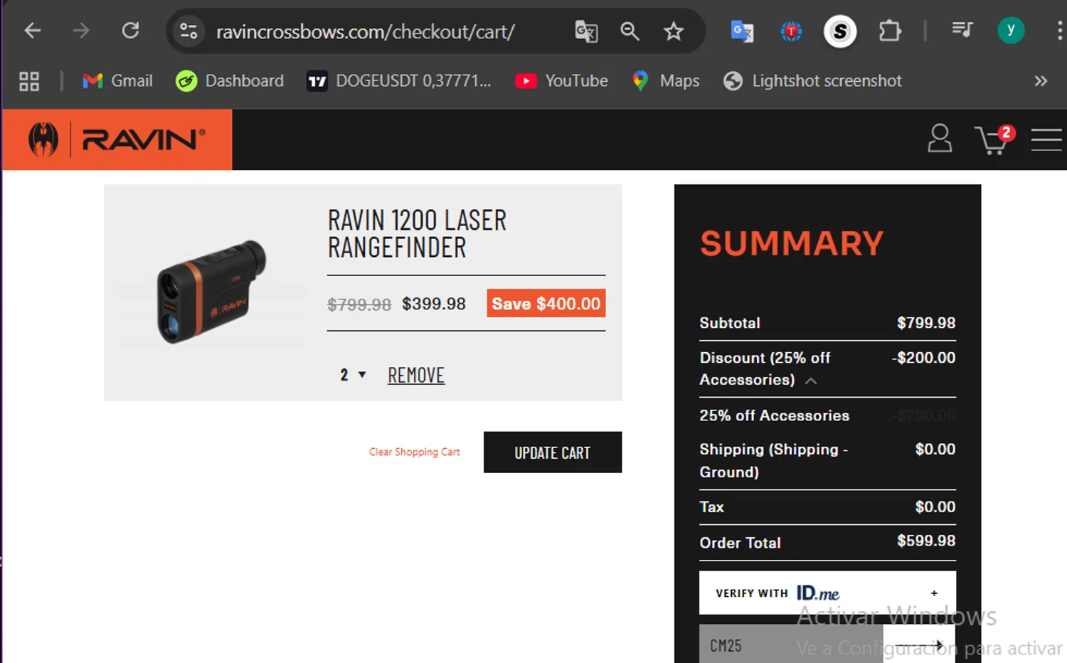 Ravin Crossbows promo code screenshot showing code CM25 applied at Ravin Crossbows checkout page. Uploaded by SimplyCodes community member 502312 on Dec 1, 2025