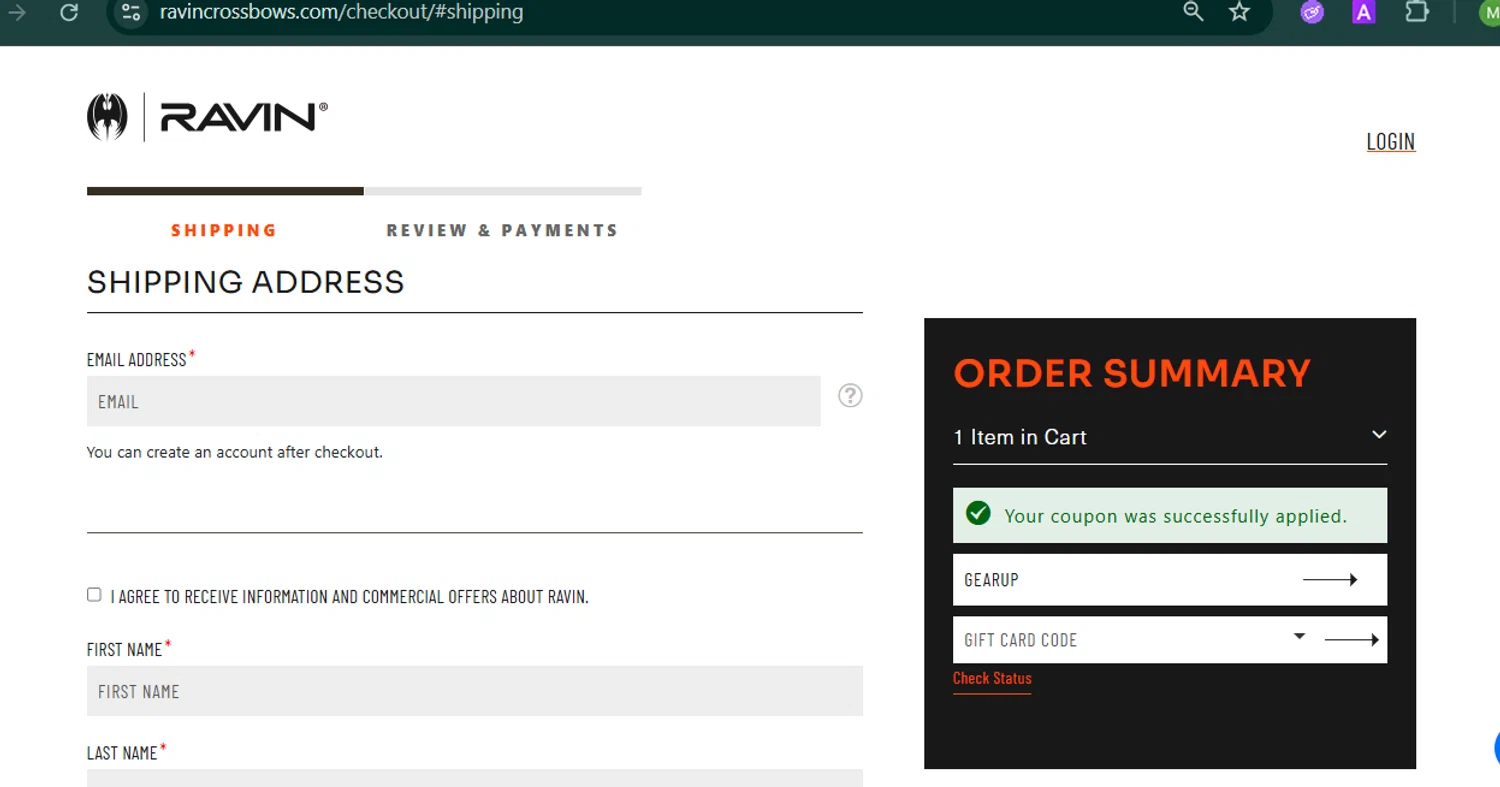 Ravin Crossbows promo code screenshot showing code GEARUP applied at Ravin Crossbows checkout page. Uploaded by SimplyCodes community member MARCVH on Oct 21, 2025