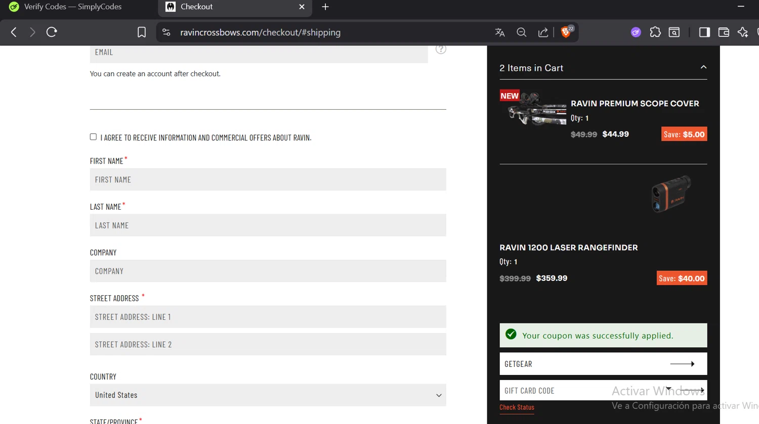 Ravin Crossbows promo code screenshot showing code GETGEAR applied at Ravin Crossbows checkout page. Uploaded by SimplyCodes community member CoinOwl5103 on Nov 16, 2025