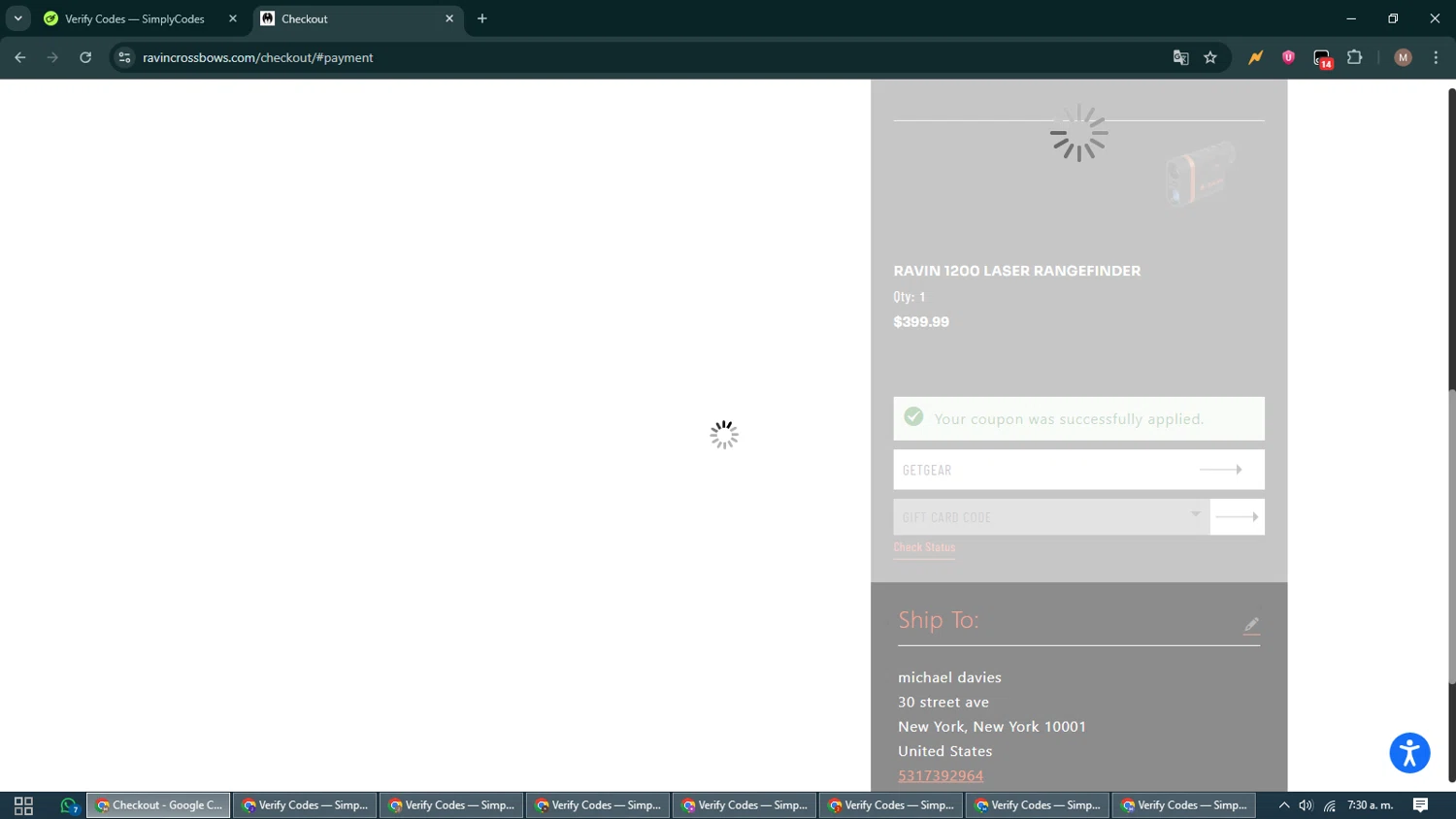 Ravin Crossbows promo code screenshot showing code GETGEAR applied at Ravin Crossbows checkout page. Uploaded by SimplyCodes community member DiscountTitan4635 on Oct 18, 2025