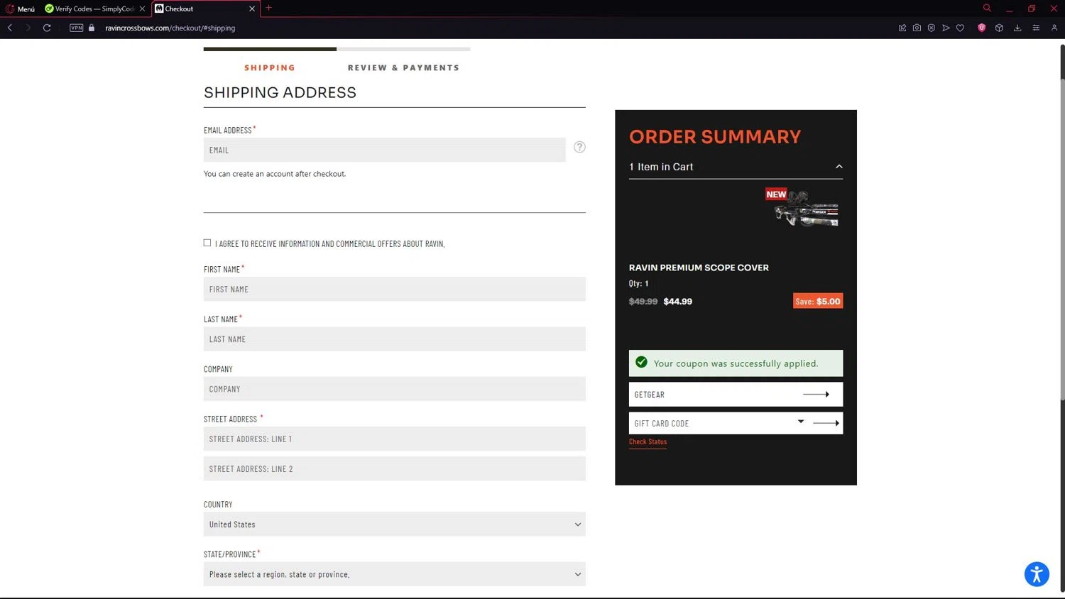 Ravin Crossbows promo code screenshot showing code GETGEAR applied at Ravin Crossbows checkout page. Uploaded by SimplyCodes community member LegendarySeeker3956 on Sep 19, 2025