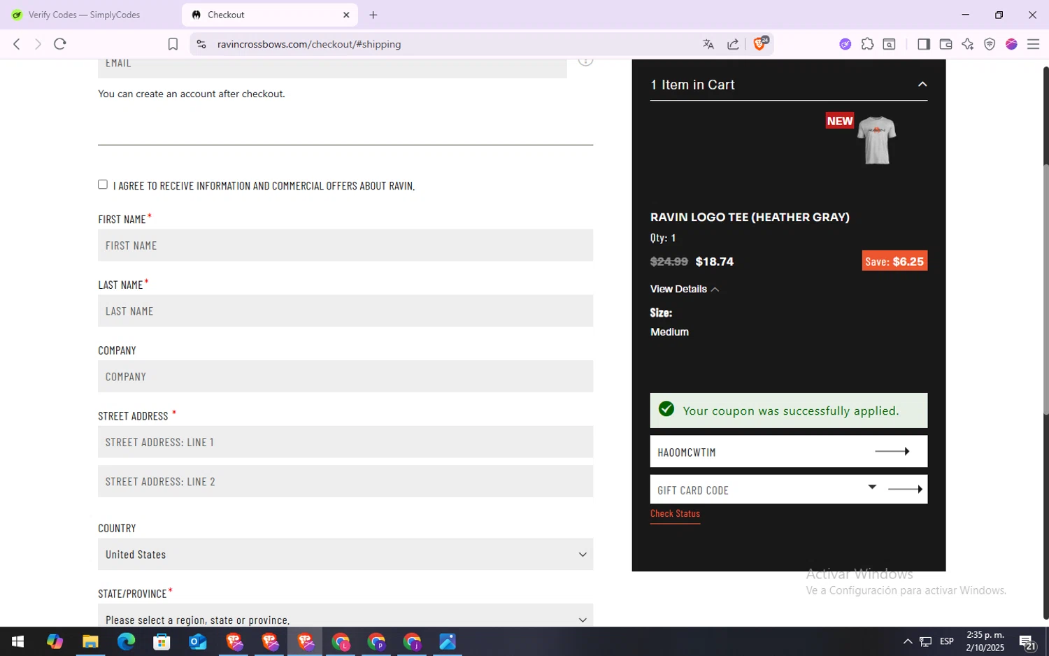 Ravin Crossbows checkout page showing Ravin Crossbows promo code box | Screenshot taken by SimplyCodes community member on Oct 2, 2025
