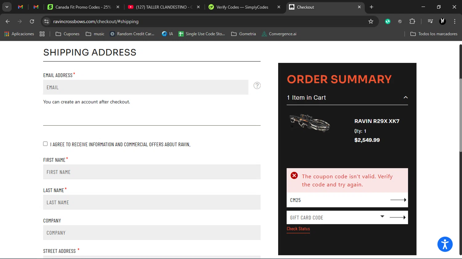 Ravin Crossbows promo code screenshot showing code CM25 applied at Ravin Crossbows checkout page. Uploaded by SimplyCodes community member Charlote on Dec 1, 2025