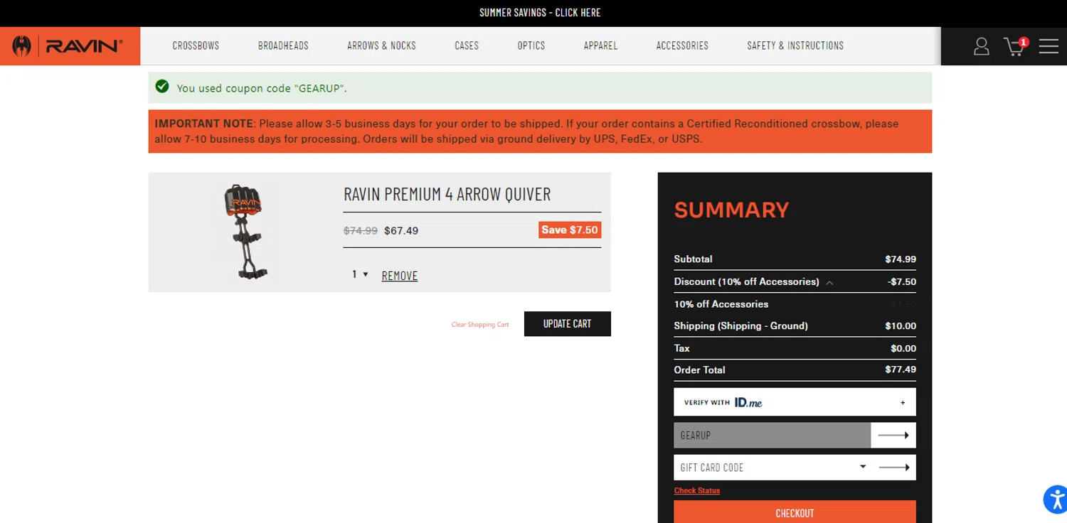 Ravin Crossbows promo code screenshot showing code GEARUP applied at Ravin Crossbows checkout page. Uploaded by SimplyCodes community member NHOPESB on Jul 30, 2025
