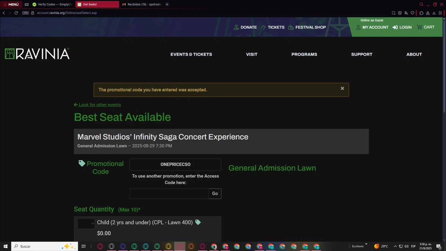 Ravinia Festival coupon code screenshot showing code ONEPRICECSO applied at Ravinia Festival checkout page. Uploaded by SimplyCodes community member FortunateSage9479 on Aug 21, 2025