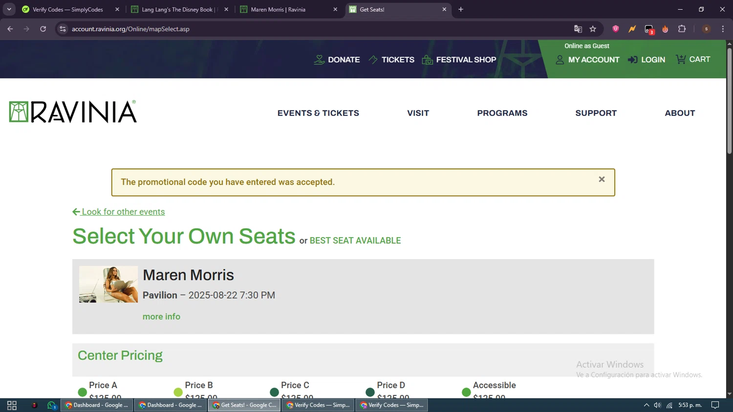 Ravinia Festival coupon code screenshot showing code ONEPRICECSO applied at Ravinia Festival checkout page. Uploaded by SimplyCodes community member GoldSentinel1426 on Aug 21, 2025