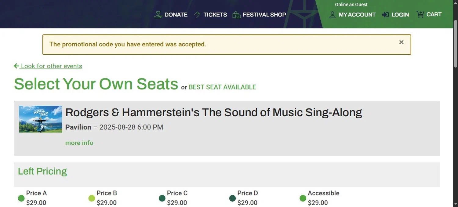 Ravinia Festival coupon code screenshot showing code ONEPRICECSO applied at Ravinia Festival checkout page. Uploaded by SimplyCodes community member YOHALYSANCHEZ on Aug 21, 2025