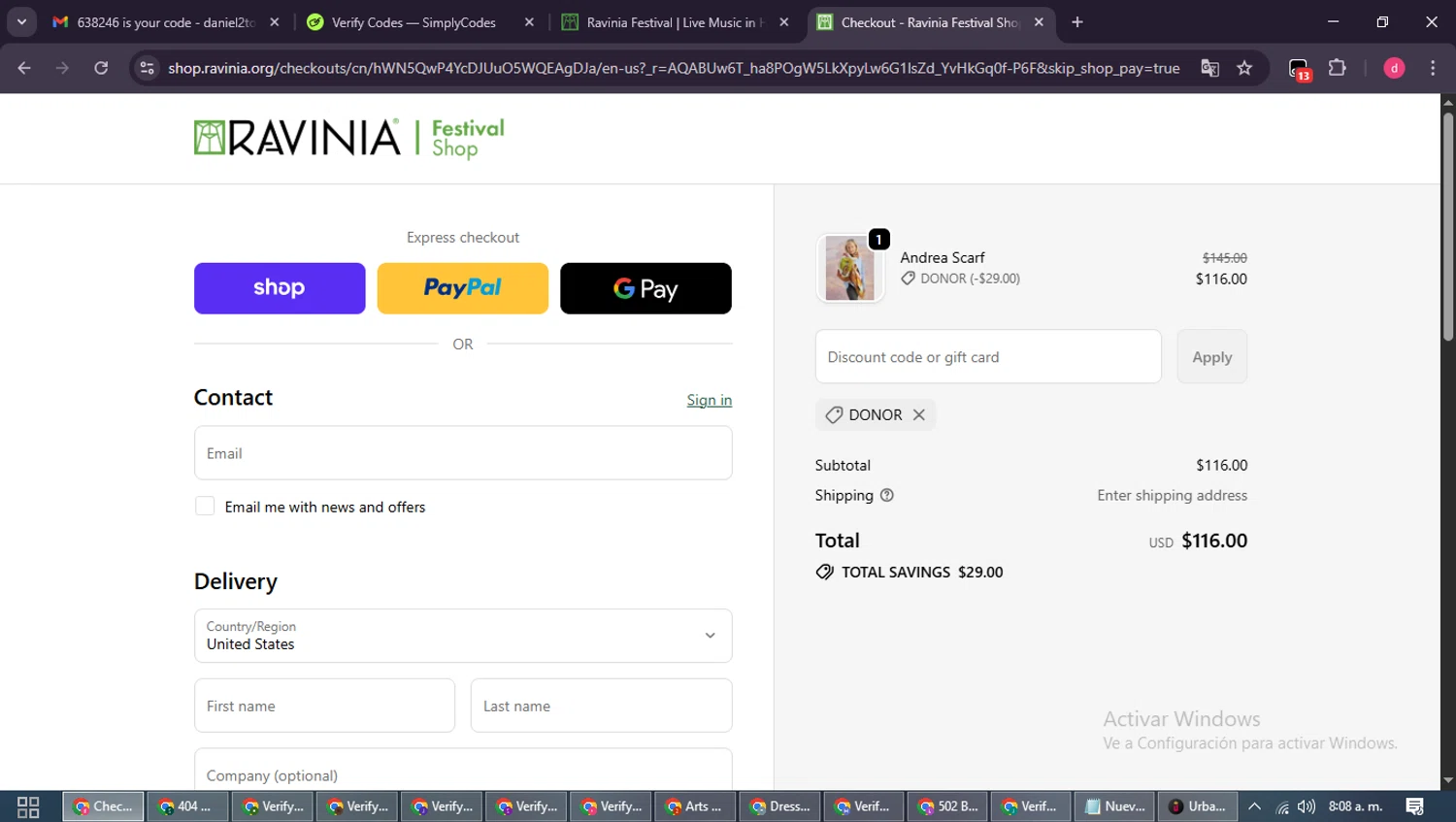 Ravinia Festival coupon code screenshot showing code DONOR applied at Ravinia Festival checkout page. Uploaded by SimplyCodes community member MagnificentSpotter4236 on Nov 18, 2025