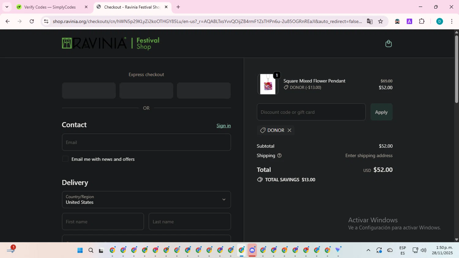 Ravinia Festival coupon code screenshot showing code DONOR applied at Ravinia Festival checkout page. Uploaded by SimplyCodes community member ShrewdTracker5871 on Nov 28, 2025