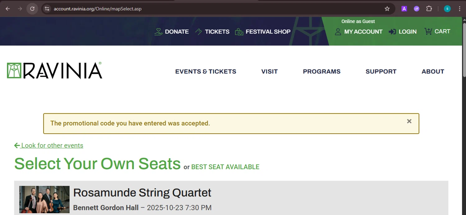 Ravinia Festival coupon code screenshot showing code MARVEL50 applied at Ravinia Festival checkout page. Uploaded by SimplyCodes community member ValiantChaser7723 on Sep 3, 2025