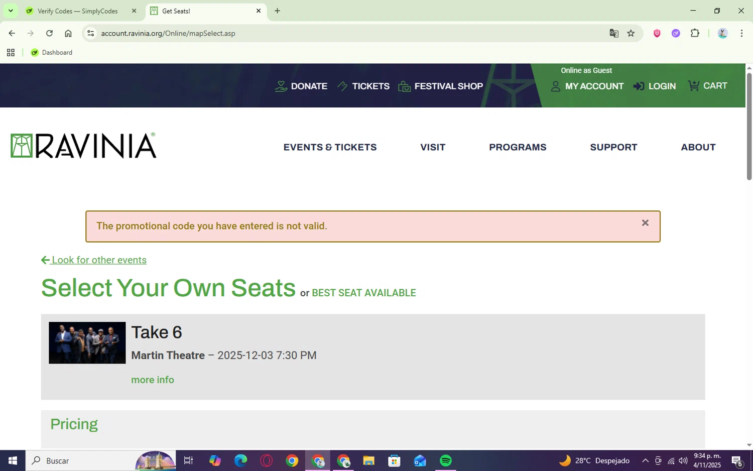 Ravinia Festival coupon code screenshot showing code COMEBACK applied at Ravinia Festival checkout page. Uploaded by SimplyCodes community member Tsubaki on Nov 5, 2025