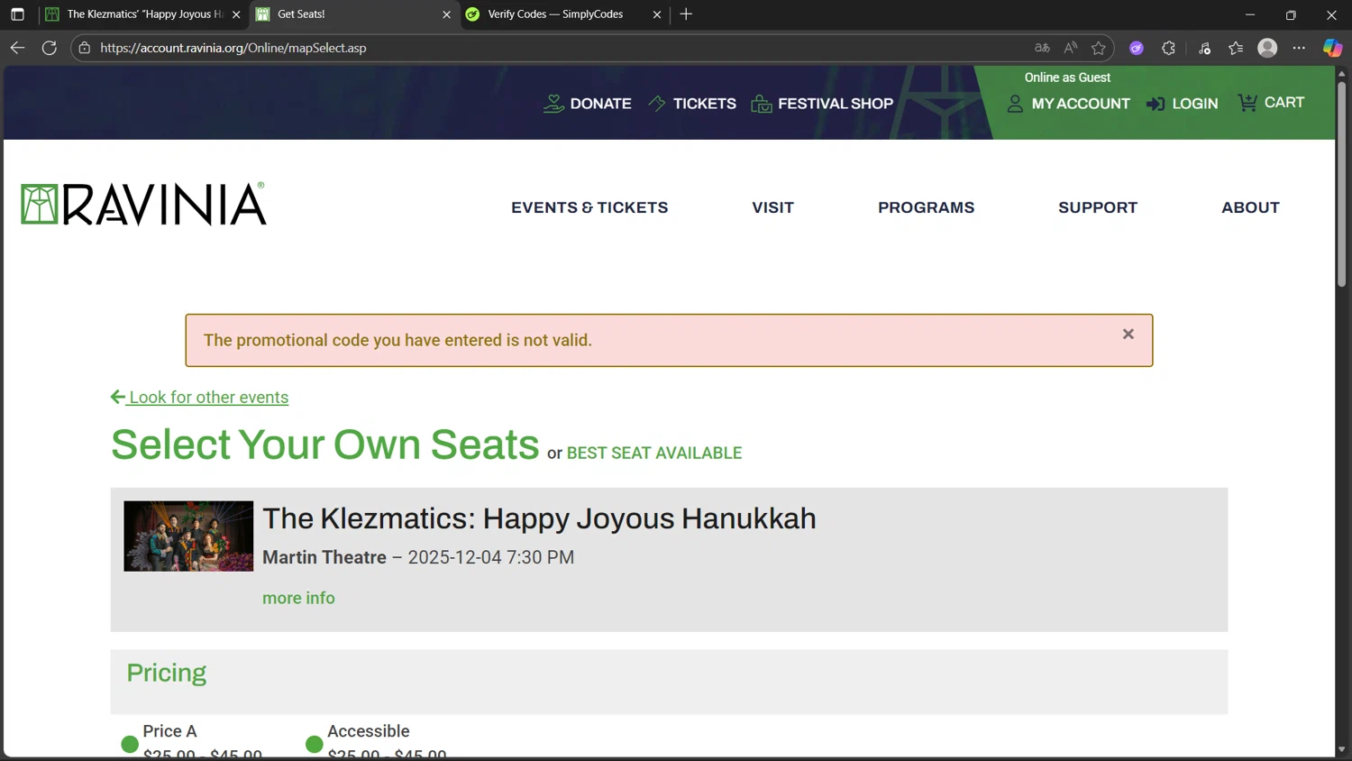 Ravinia Festival coupon code screenshot showing code COMEBACK applied at Ravinia Festival checkout page. Uploaded by SimplyCodes community member dragonjeffer_93a9 on Nov 5, 2025