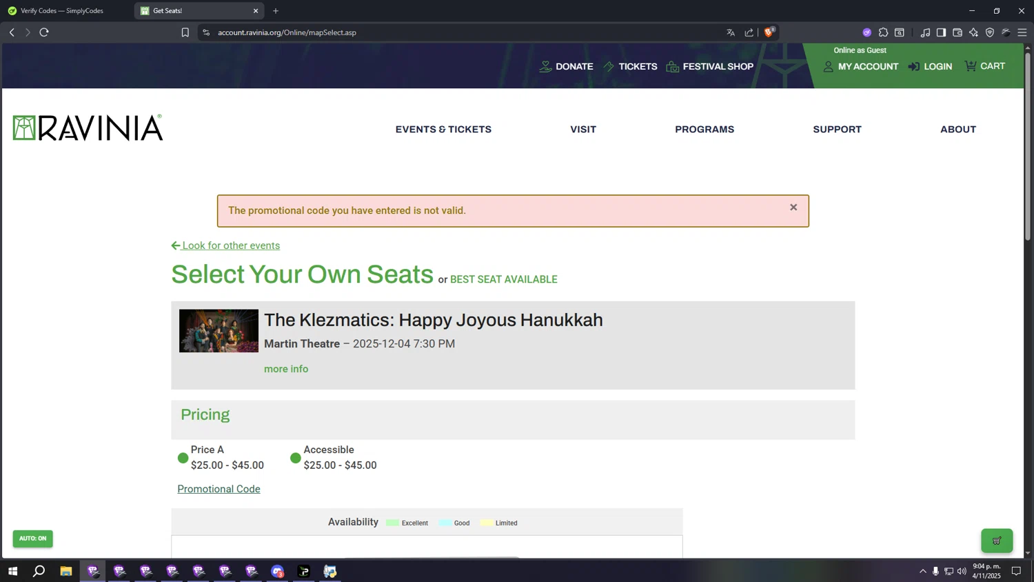 Ravinia Festival coupon code screenshot showing code COMEBACK applied at Ravinia Festival checkout page. Uploaded by SimplyCodes community member kkkkkkkkkkkkkkkkkkkk on Nov 5, 2025