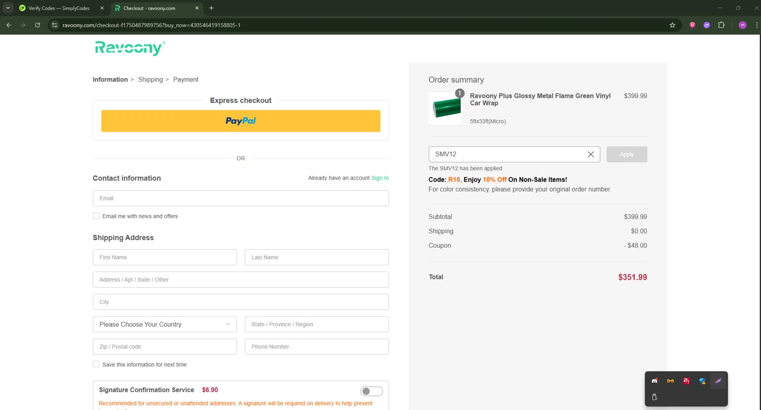 Ravoony discount code screenshot showing code SMV12 applied at Ravoony checkout page. Uploaded by SimplyCodes community member PennyWizard1195 on Jun 21, 2025