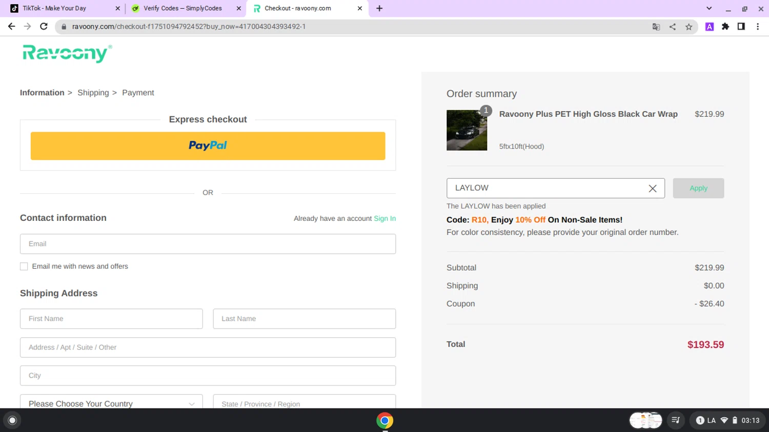 Ravoony discount code screenshot showing code LAYLOW applied at Ravoony checkout page. Uploaded by SimplyCodes community member lapampita on Jun 28, 2025