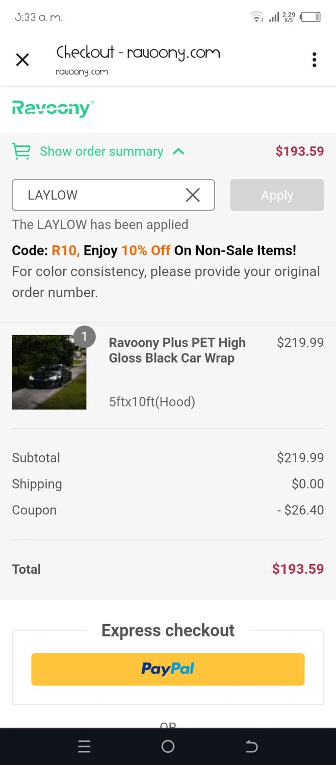 Ravoony discount code screenshot showing code LAYLOW applied at Ravoony checkout page. Uploaded by SimplyCodes community member yubligil on Jun 21, 2025
