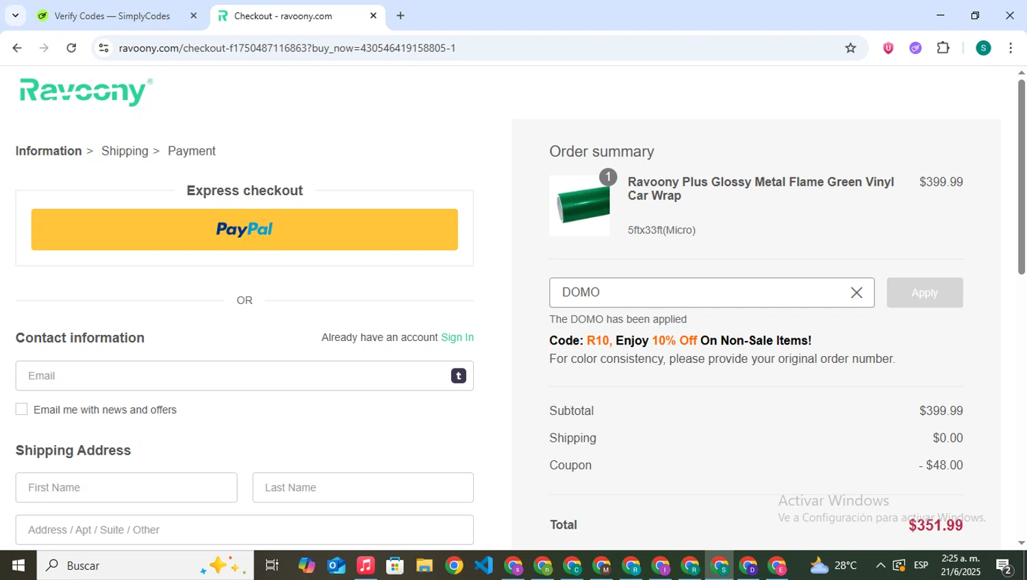 Ravoony discount code screenshot showing code DOMO applied at Ravoony checkout page. Uploaded by SimplyCodes community member VictoriousPilot5281 on Jun 21, 2025