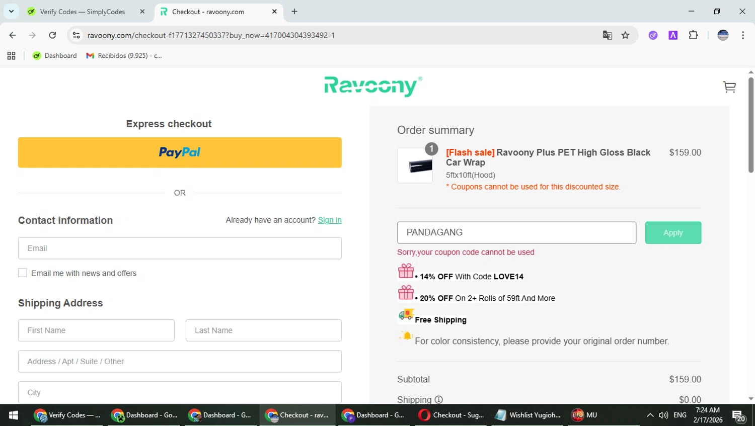 Ravoony checkout page showing Ravoony discount code box | Screenshot taken by SimplyCodes community member on Feb 17, 2026