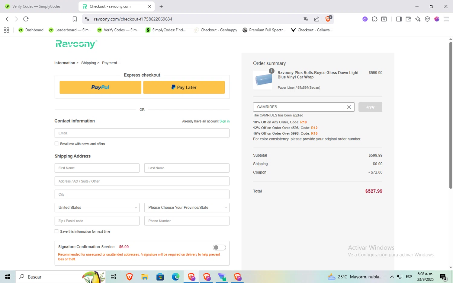 Ravoony discount code screenshot showing code CAMRIDES applied at Ravoony checkout page. Uploaded by SimplyCodes community member Rayyyyyy on Sep 23, 2025