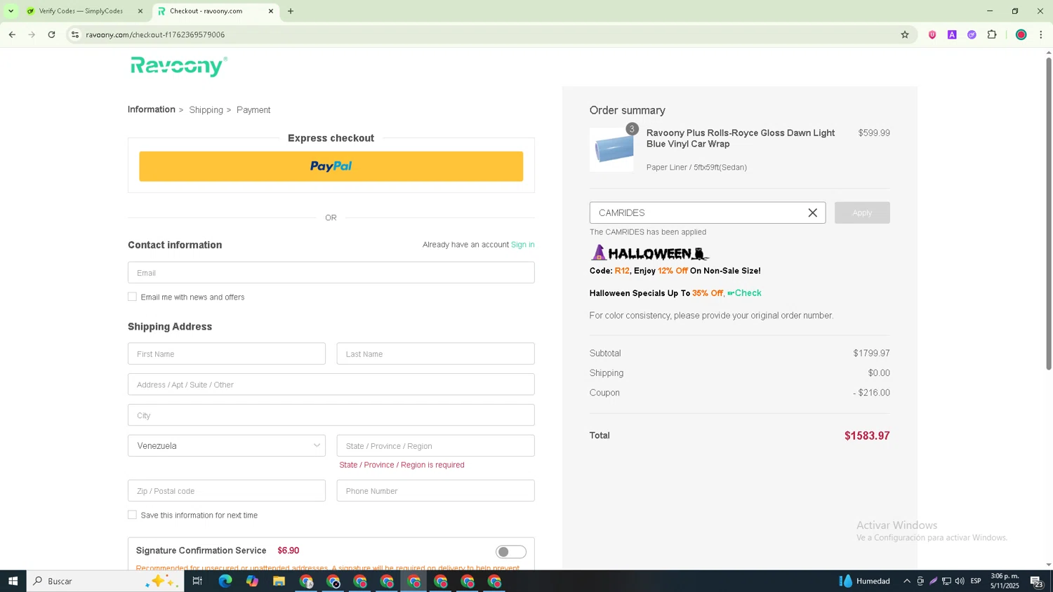 Ravoony discount code screenshot showing code CAMRIDES applied at Ravoony checkout page. Uploaded by SimplyCodes community member Richard_Miller on Nov 5, 2025