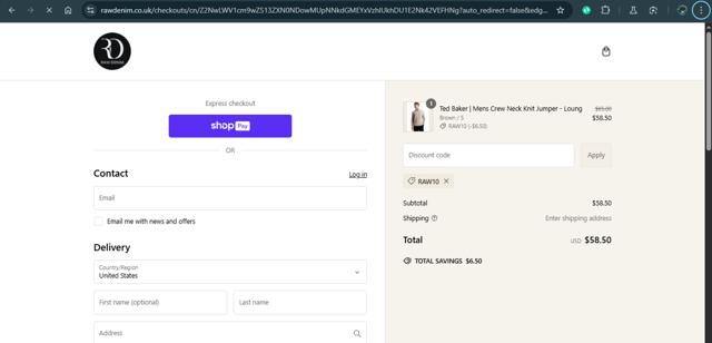 Raw Denim checkout page showing Raw Denim discount code box | Screenshot taken by SimplyCodes community member on Feb 16, 2025