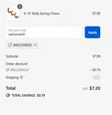 welcome20 coupon verification screenshot