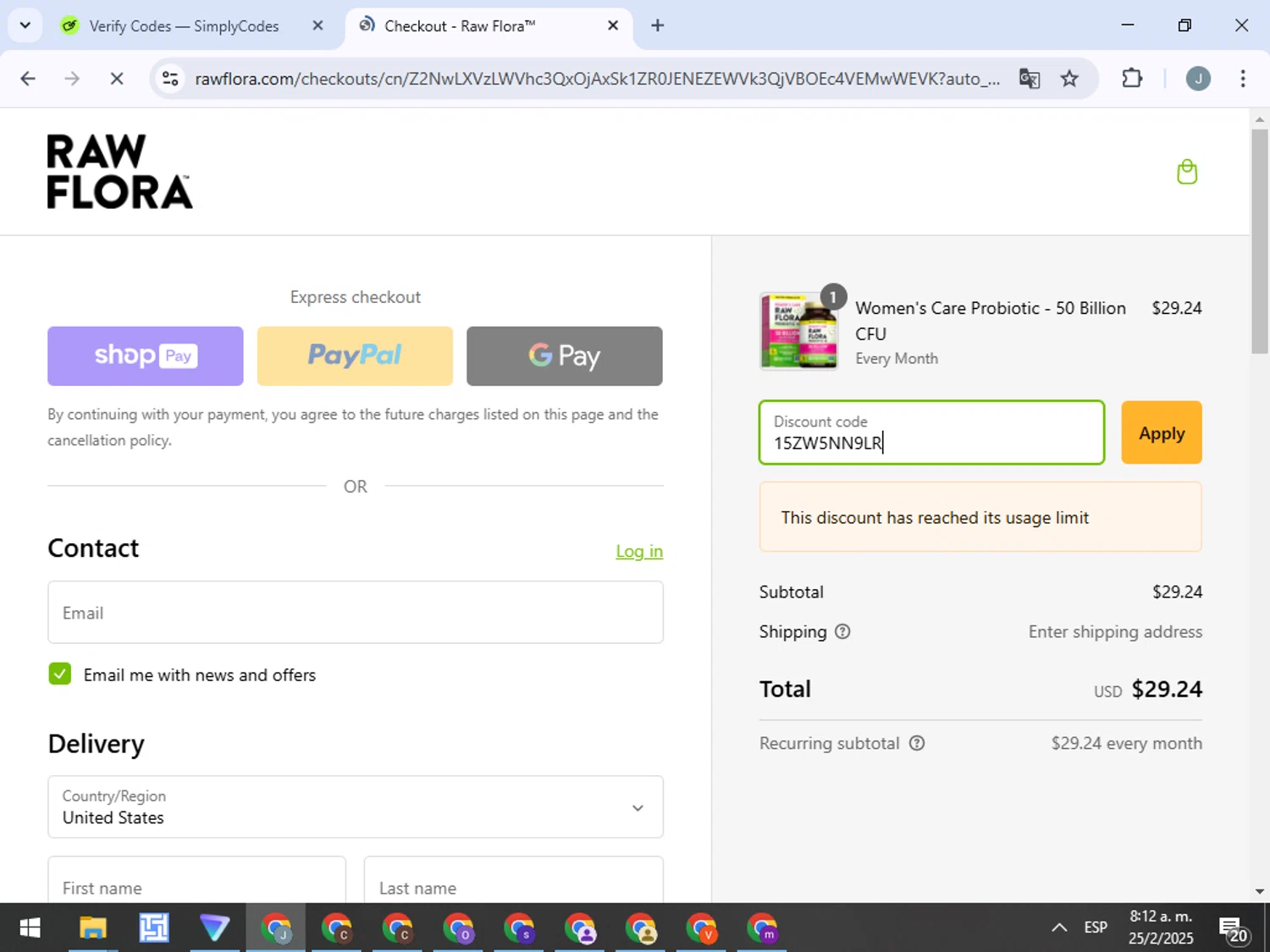 Raw Flora promo code screenshot showing code 15ZW5NN9LR applied at Raw Flora checkout page. Uploaded by SimplyCodes community member ValueTracker8384 on Feb 25, 2025