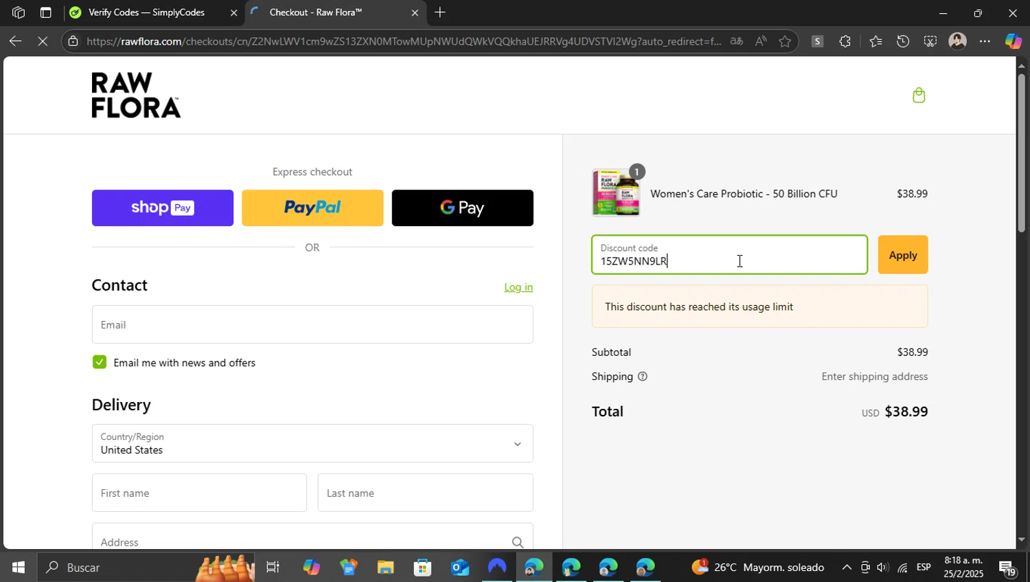 Raw Flora promo code screenshot showing code 15ZW5NN9LR applied at Raw Flora checkout page. Uploaded by SimplyCodes community member WonderKnight7884 on Feb 25, 2025