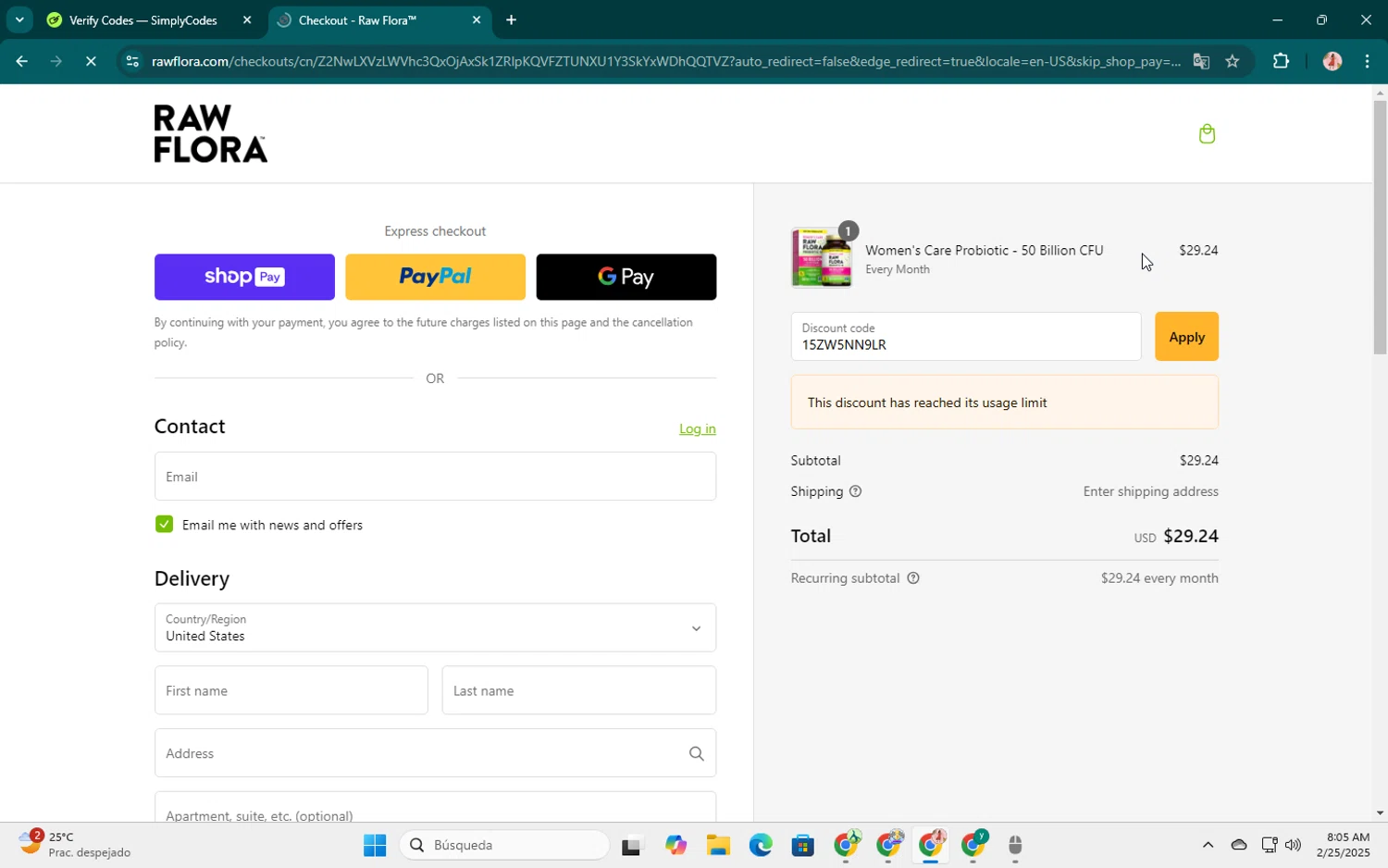 Raw Flora promo code screenshot showing code 15ZW5NN9LR applied at Raw Flora checkout page. Uploaded by SimplyCodes community member jenifer on Feb 25, 2025