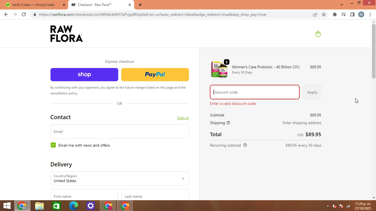 Raw Flora promo code screenshot showing code WELCOME20 applied at Raw Flora checkout page. Uploaded by SimplyCodes community member AJOTAA on Oct 28, 2025