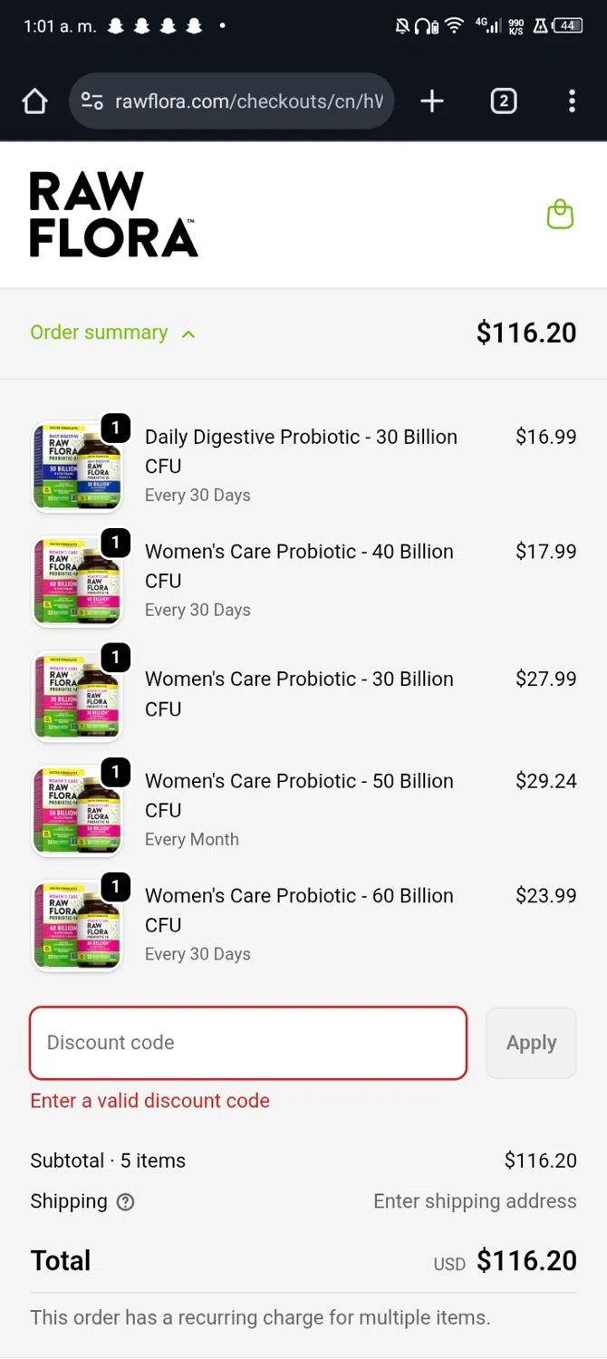 Raw Flora promo code screenshot showing code WELCOME20 applied at Raw Flora checkout page. Uploaded by SimplyCodes community member Nickurtdale on Oct 28, 2025