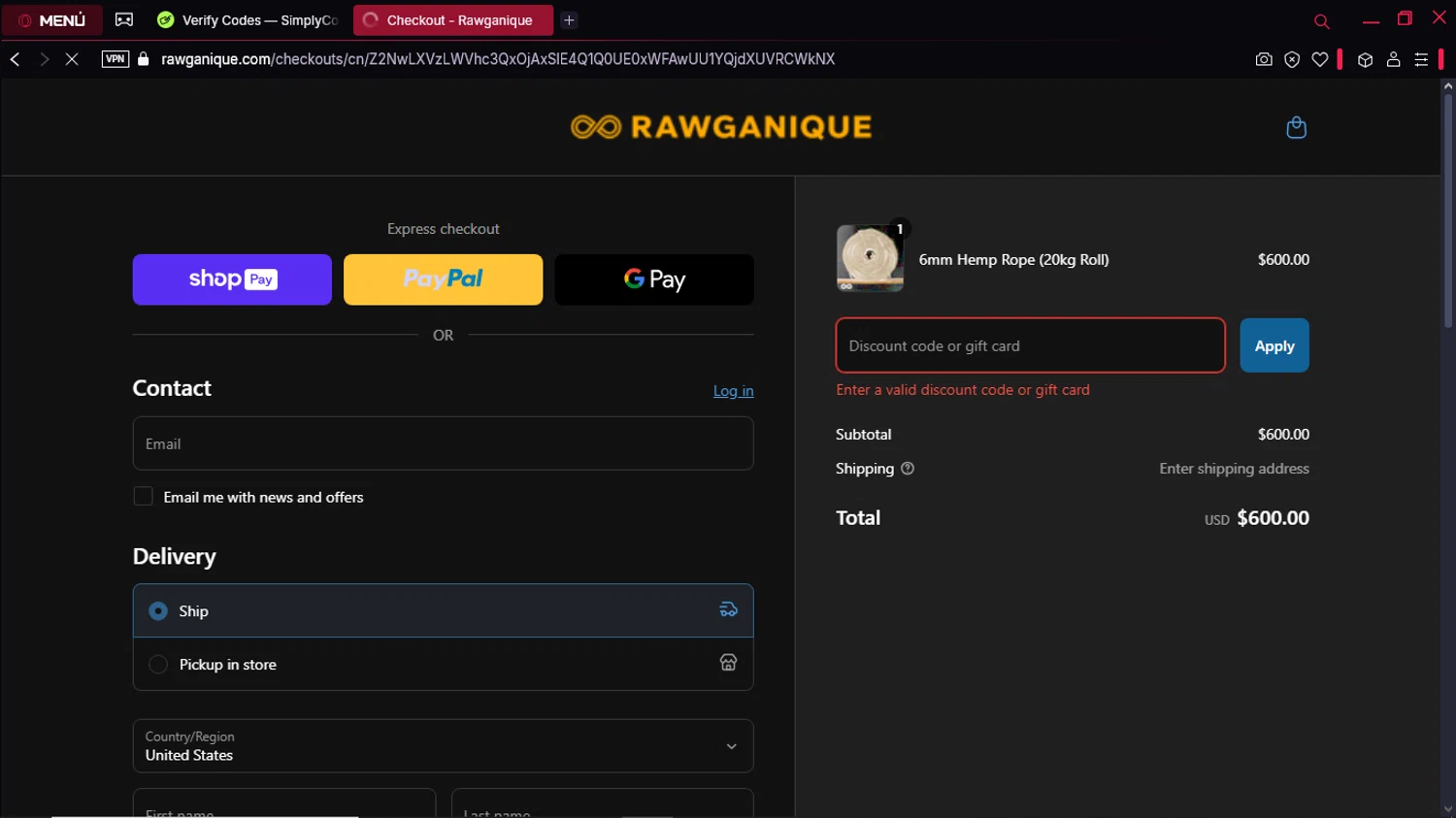 Rawganique coupon code screenshot showing code DIY600 applied at Rawganique checkout page. Uploaded by SimplyCodes community member Gabrielpato on Mar 26, 2025