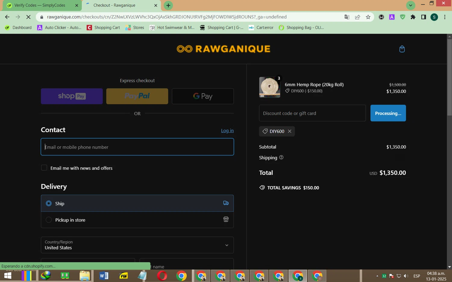 Rawganique checkout page showing Rawganique coupon code box | Screenshot taken by SimplyCodes community member on Jan 13, 2025