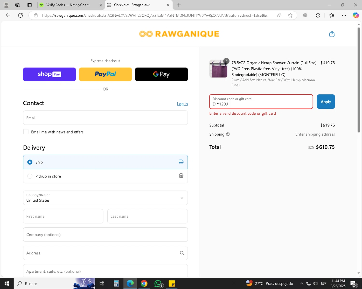 Rawganique coupon code screenshot showing code DIY1200 applied at Rawganique checkout page. Uploaded by SimplyCodes community member jechtff10 on Mar 24, 2025