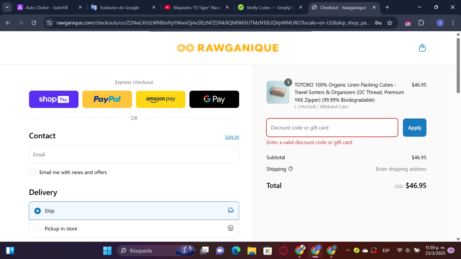 Rawganique coupon code screenshot showing code DIY1200 applied at Rawganique checkout page. Uploaded by SimplyCodes community member thesoldier on Mar 24, 2025