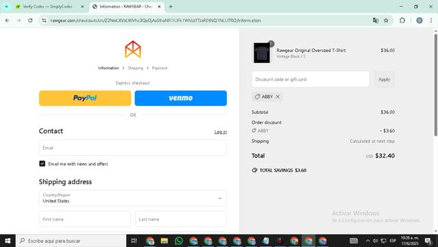 Raw Gear checkout page showing Raw Gear discount code box | Screenshot taken by SimplyCodes community member on Jun 17, 2025