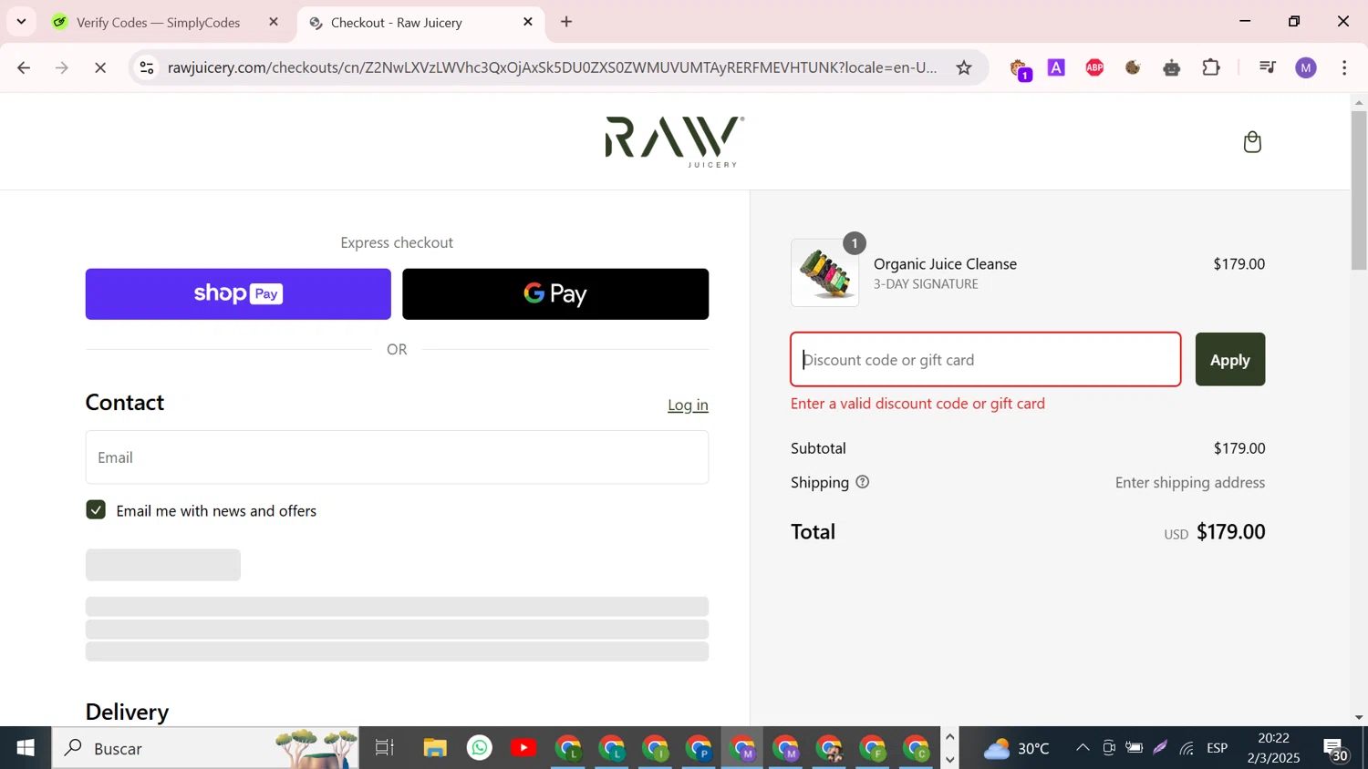 Raw Juicery discount code screenshot showing code RASHMIPATEL applied at Raw Juicery checkout page. Uploaded by SimplyCodes community member CouponCollector598 on Mar 3, 2025