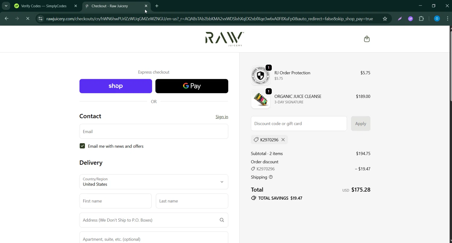 Raw Juicery discount code screenshot showing code K2970296 applied at Raw Juicery checkout page. Uploaded by SimplyCodes community member CodeScholar4340 on Dec 22, 2025